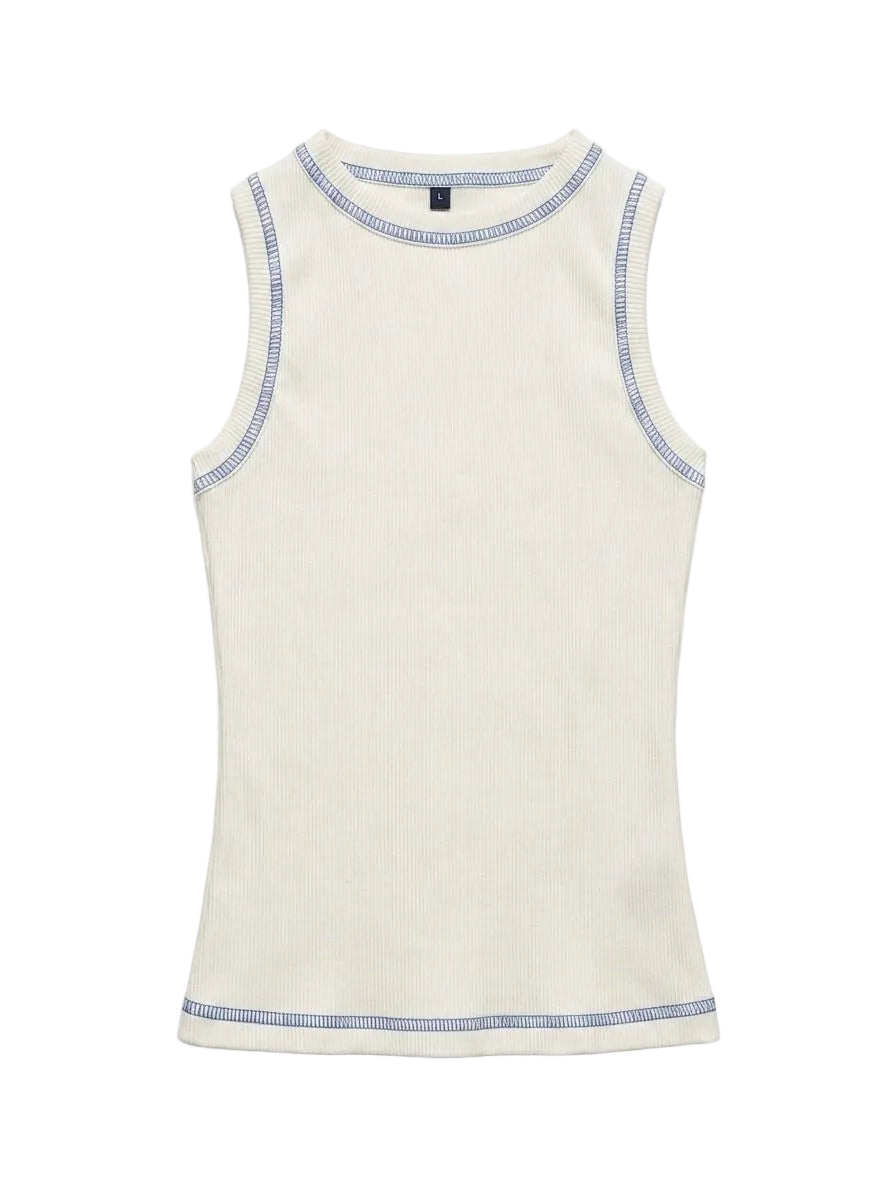 White Outlined Ribbed Tank Top