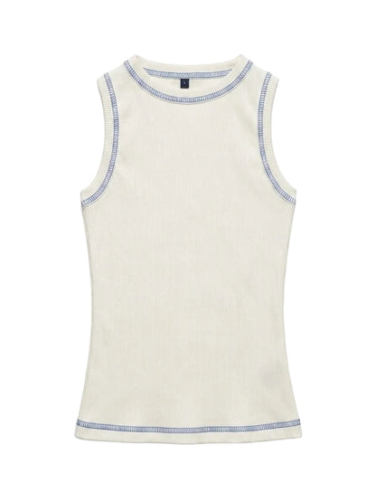 White Outlined Ribbed Tank Top