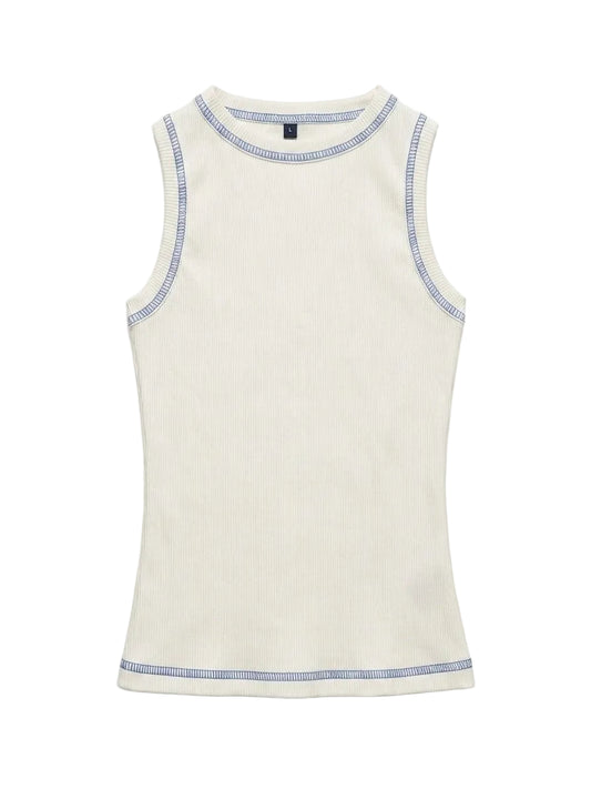 White Outlined Ribbed Tank Top