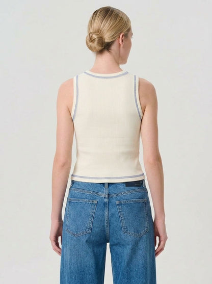 White Outlined Ribbed Tank Top