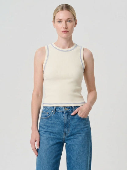 White Outlined Ribbed Tank Top